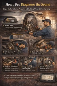 Mechanic inspecting car suspension and wheel components on a lift, checking joints, CV boots, and axle parts to diagnose clicking noise during turning