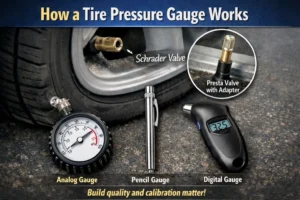 Close-up of a car tire valve with analog, pencil, and digital tire pressure gauges showing how they work, including Schrader and Presta valve types