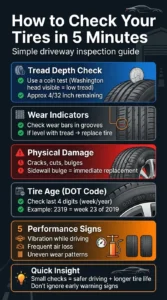 Infographic showing how to check car tires including tread depth test, wear bars, tire damage inspection, DOT date code, and uneven wear signs