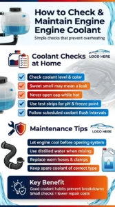 Infographic showing how to check and maintain engine coolant including level inspection, leak signs, coolant testing, and maintenance tips to prevent overheating