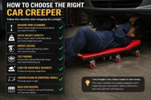 Mechanic lying on a car creeper under a vehicle with a checklist showing key features like clearance, weight capacity, caster wheels, padding, and adjustable headrest
