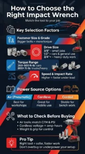 Infographic explaining how to choose an impact wrench based on torque, drive size, power source, and performance factors for automotive and heavy-duty use