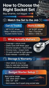 Infographic explaining how to choose the right socket set including drive sizes, socket types, ratchet quality, material differences, and budget starter recommendations