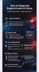 Infographic showing step by step how to diagnose engine knocking including fuel testing, OBD2 scanning, spark plug inspection, and checking sensors and air intake