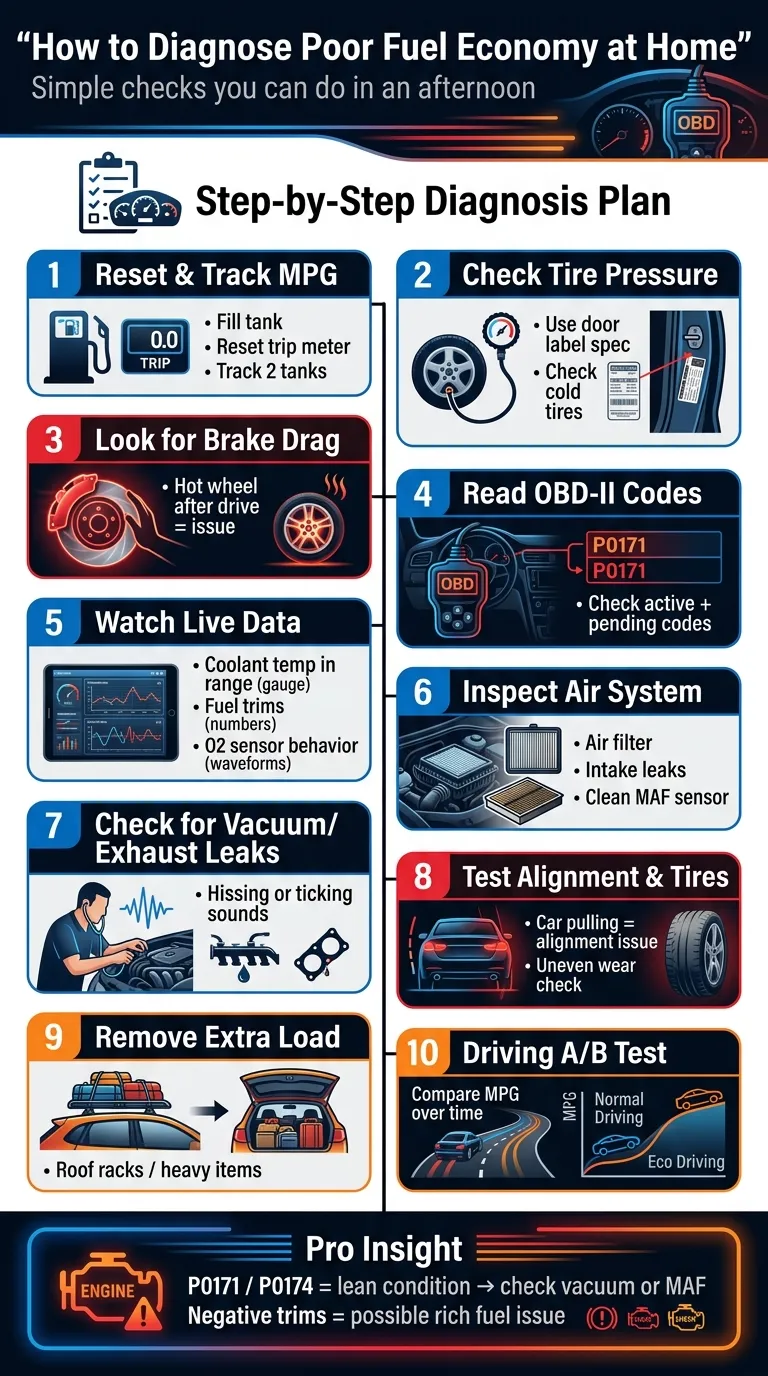 Infographic showing step by step methods to diagnose poor fuel economy including tire pressure, OBD-II codes, fuel trims, brake drag, and air system inspection