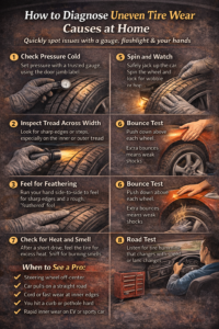 Infographic showing step-by-step methods to check uneven tire wear at home, including pressure check, tread inspection, bounce test, and road test to identify alignment or suspension issues