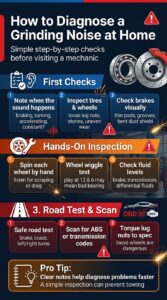 Infographic showing step by step how to diagnose grinding noise while driving including checking brakes, wheel bearings, tires, fluids, and road testing safely