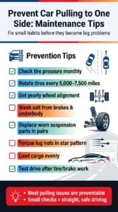 Infographic showing car maintenance tips to prevent pulling to one side including tire pressure, wheel alignment, tire rotation, and suspension care
