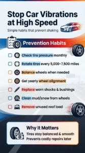 Infographic showing simple habits to prevent car vibration at high speed including tire pressure checks, rotation, wheel balancing, and alignment
