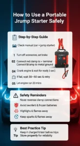 Step by step infographic showing how to safely use a portable jump starter including clamp connection order, engine cranking, and safety precautions
