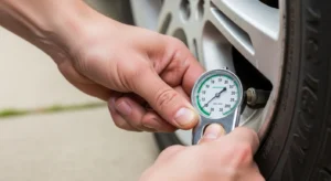 person checking tire pressure in home garage using portable gauge