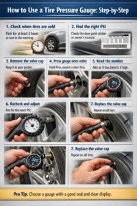 Step-by-step infographic showing how to use a tire pressure gauge on a car tire, including checking cold tires, finding the correct PSI, testing pressure, adjusting air, and replacing the valve cap