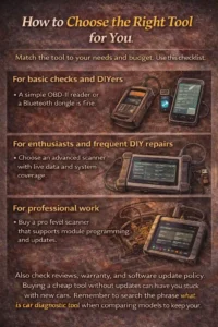 Infographic showing different types of car diagnostic tools for beginners, DIY enthusiasts, and professionals, including OBD-II readers, advanced scanners, and pro-level diagnostic devices