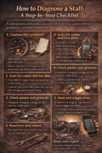 Infographic showing a step-by-step process to diagnose car stalling issues, including checking symptoms, scanning OBD codes, testing fuel and spark, inspecting grounds, and road testing
