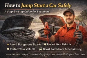 Person using jumper cables to safely jump start a car with another vehicle, showing proper connection and safe starting procedure