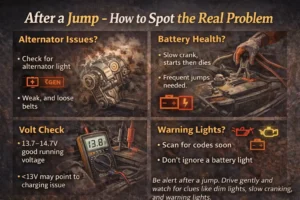 Automotive infographic showing common problems after jump starting a car, including weak alternator, battery issues, voltage testing with a multimeter, and dashboard warning lights