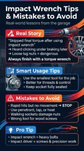 Infographic showing impact wrench tips and common mistakes including over-tightening lug nuts, improper socket use, and when to use a torque wrench instead
