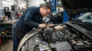 mechanic inspecting bad alternator in engine bay