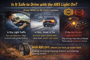 Infographic showing driving safety tips when ABS light is on, including warnings about wheel lock, longer stopping distance, and when to stop driving if brake light is also on
