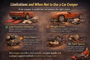 Infographic showing situations where a car creeper is not suitable, including low clearance obstacles, weight limits, dirty floors, and tight working spaces under a vehicle