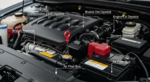 locating transmission fluid dipstick in engine bay