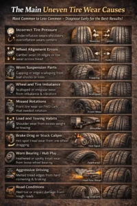 Infographic showing the main causes of uneven tire wear, including incorrect tire pressure, wheel alignment problems, worn suspension parts, tire imbalance, missed rotations, towing load, brake drag, bad wheel bearings, aggressive driving, and rough road conditions