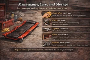 Infographic showing an automotive creeper in a garage with maintenance tips such as cleaning after use, checking casters, tightening fasteners, storing in a dry place, and replacing worn parts