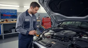 Mechanic scanning a car with diagnostic tool to identify engine problems