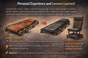 Comparison of an old worn-out mechanic creeper and a new high-quality creeper and seat, highlighting lessons about better casters, proper tool choice, and maintenance