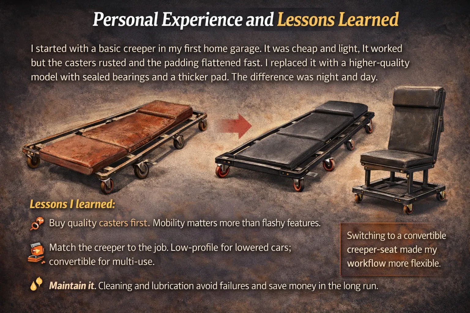 Comparison of an old worn-out mechanic creeper and a new high-quality creeper and seat, highlighting lessons about better casters, proper tool choice, and maintenance