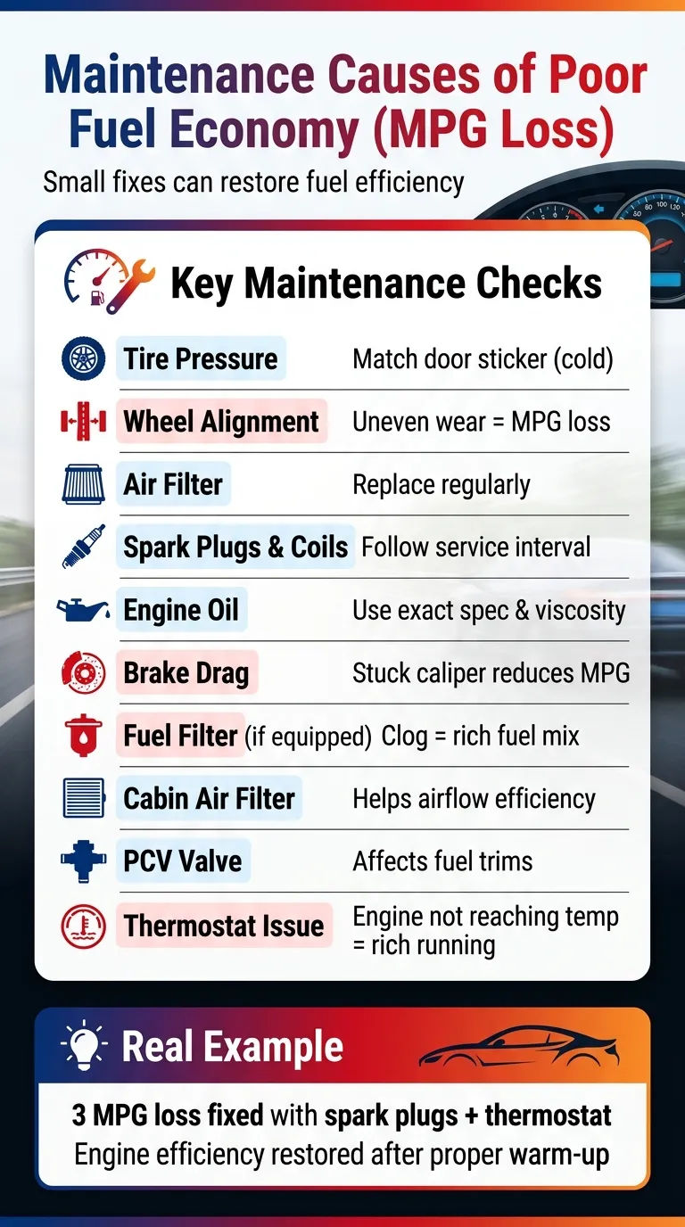 Automotive infographic showing maintenance-related causes of poor fuel economy including tire pressure, spark plugs, air filter, alignment, and thermostat issues affecting MPG