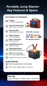 Infographic explaining portable jump starter features including voltage, peak amps, battery capacity, safety features, and useful extras like flashlight and air compressor