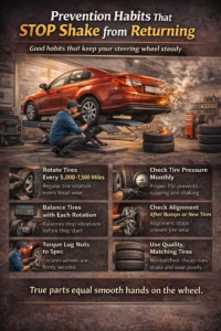 Infographic showing car maintenance habits like tire rotation, balancing, checking tire pressure, alignment, and proper lug nut torque to prevent steering wheel shaking