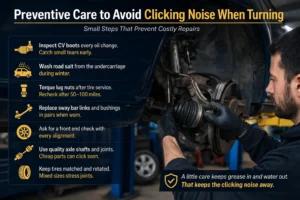 Realistic image of a mechanic inspecting a car’s CV axle and suspension in an auto repair shop, alongside maintenance tips to help prevent clicking noise when turning