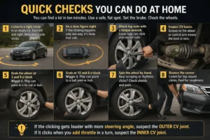 Automotive diagnostic infographic showing quick at-home checks for clicking noise when turning, including inspecting CV boots, checking lug nuts, wiggling the wheel, and listening during turns