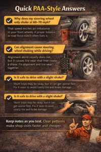 Automotive infographic answering common questions about steering wheel shaking at 60–70 mph, alignment-related vibration, and whether it is safe to drive with a slight shake