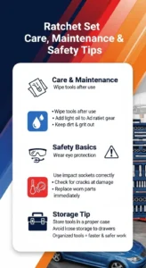 Infographic showing how to maintain and safely use a ratchet set including cleaning, lubrication, proper storage, and safety precautions