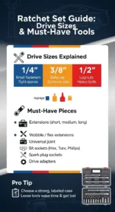 Infographic explaining ratchet drive sizes 1/4, 3/8, and 1/2 inch along with essential tools like extensions, universal joints, and bit sockets for a complete set