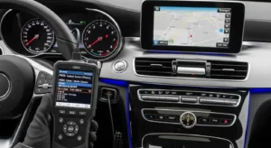 Close-up of car diagnostic scanner screen showing engine error codes