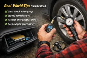 Realistic close-up of a driver checking car tire pressure with both a digital gauge and a dial inflator beside a parked vehicle, illustrating practical tire pressure tips and seasonal PSI checks