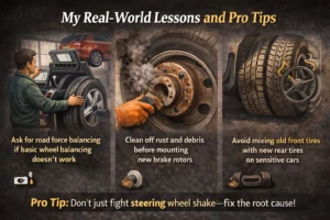 Mechanic working on a car wheel and brake system in a workshop, highlighting real-world lessons like tire balancing issues, hub cleaning, and fixing steering vibration