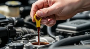 pulling transmission dipstick to check fluid level