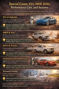 Infographic showing how EVs, AWD vehicles, SUVs, trucks, performance cars, and seasonal temperature changes can affect tire wear, with maintenance tips for each vehicle type and driving condition