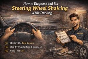 Realistic image of a driver holding a shaking steering wheel while driving, highlighting common causes like tire, brake, wheel, or suspension problems and vehicle diagnosis advice