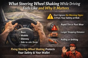 Driver holding a vibrating steering wheel on the road, illustrating symptoms like wobble and shimmy along with risks such as tire wear, longer stopping distance, and loss of control