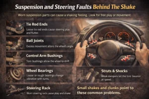 Infographic showing worn suspension and steering components like tie rod ends, ball joints, control arm bushings, wheel bearings, struts, and steering rack causing steering wheel vibration