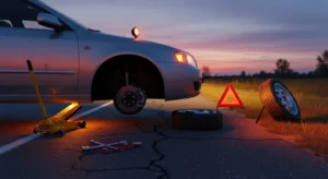 Car lifted with jack and lug wrench used during tire change process