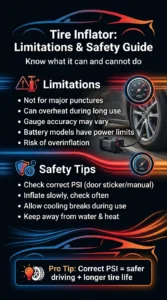 Infographic explaining tire inflator limitations and safety tips including PSI checking, overheating risk, overinflation, and proper usage guidelines