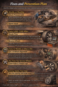Infographic showing a tire maintenance checklist including checking tire pressure, rotating tires, wheel alignment, balancing, and proper driving habits to prevent uneven tire wear