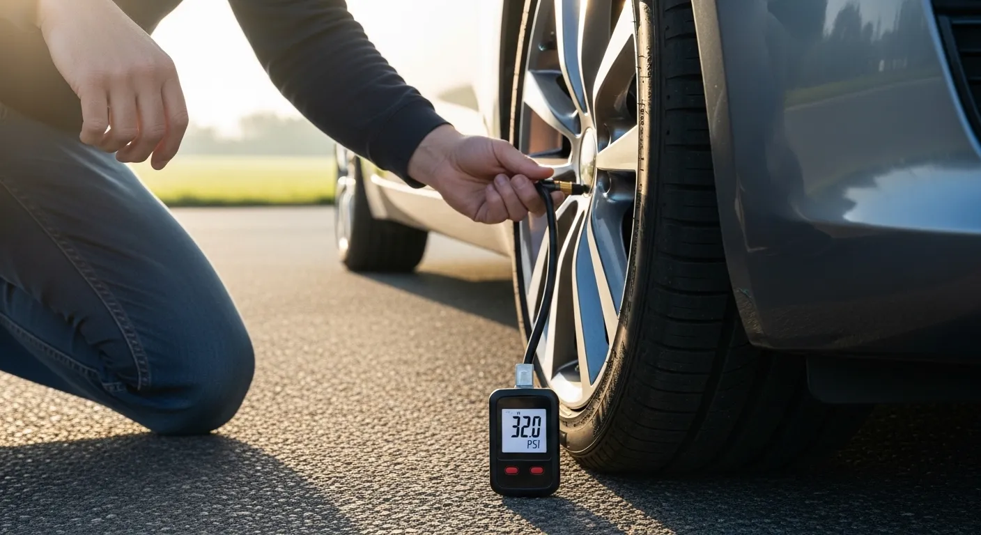 person checking car tire pressure using digital gauge on roadside